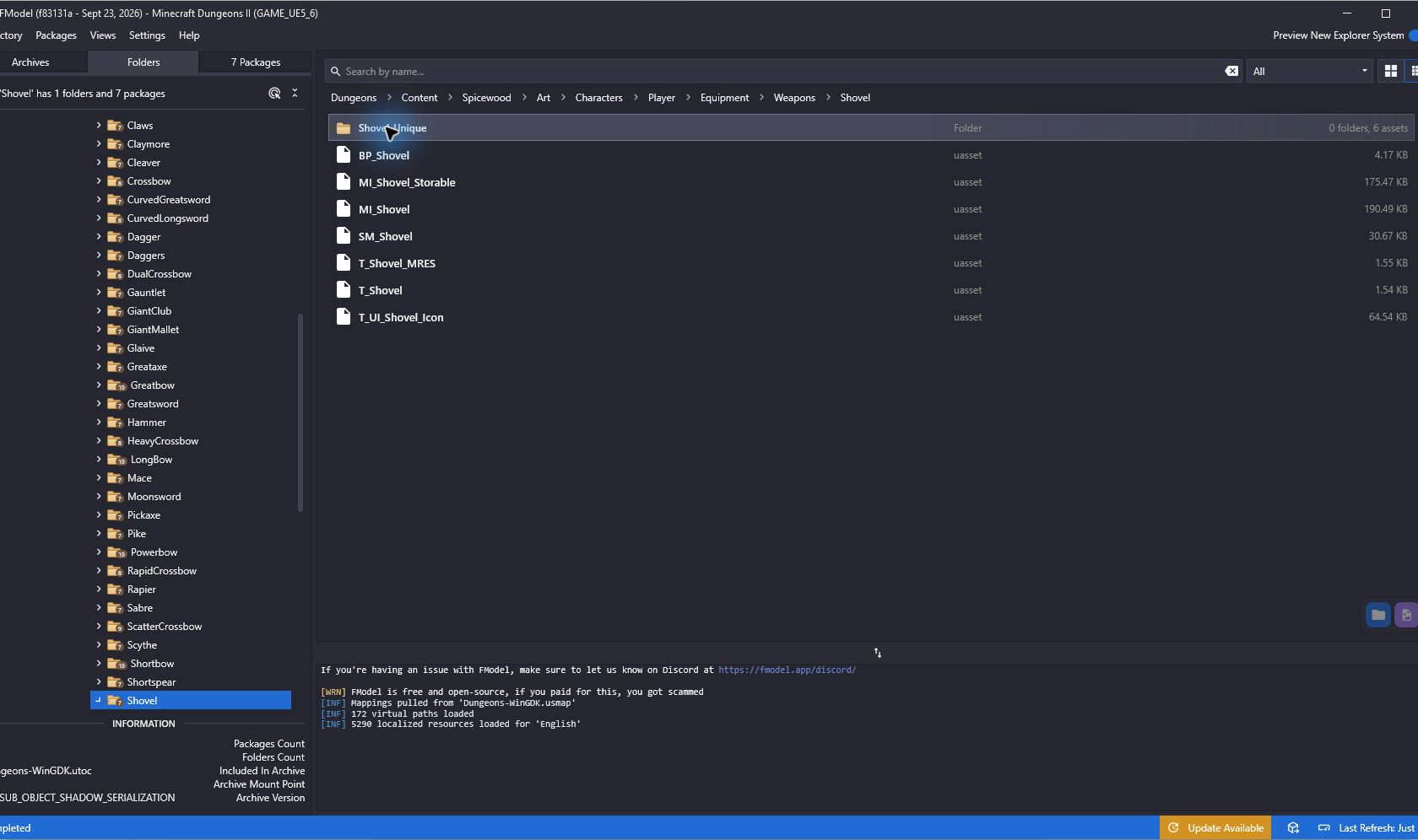FModel showing SM_Shovel and the other Shovel packages