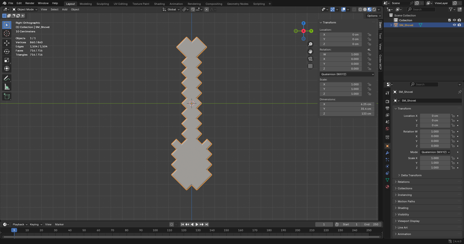 The imported original Shovel selected in the Blender workspace