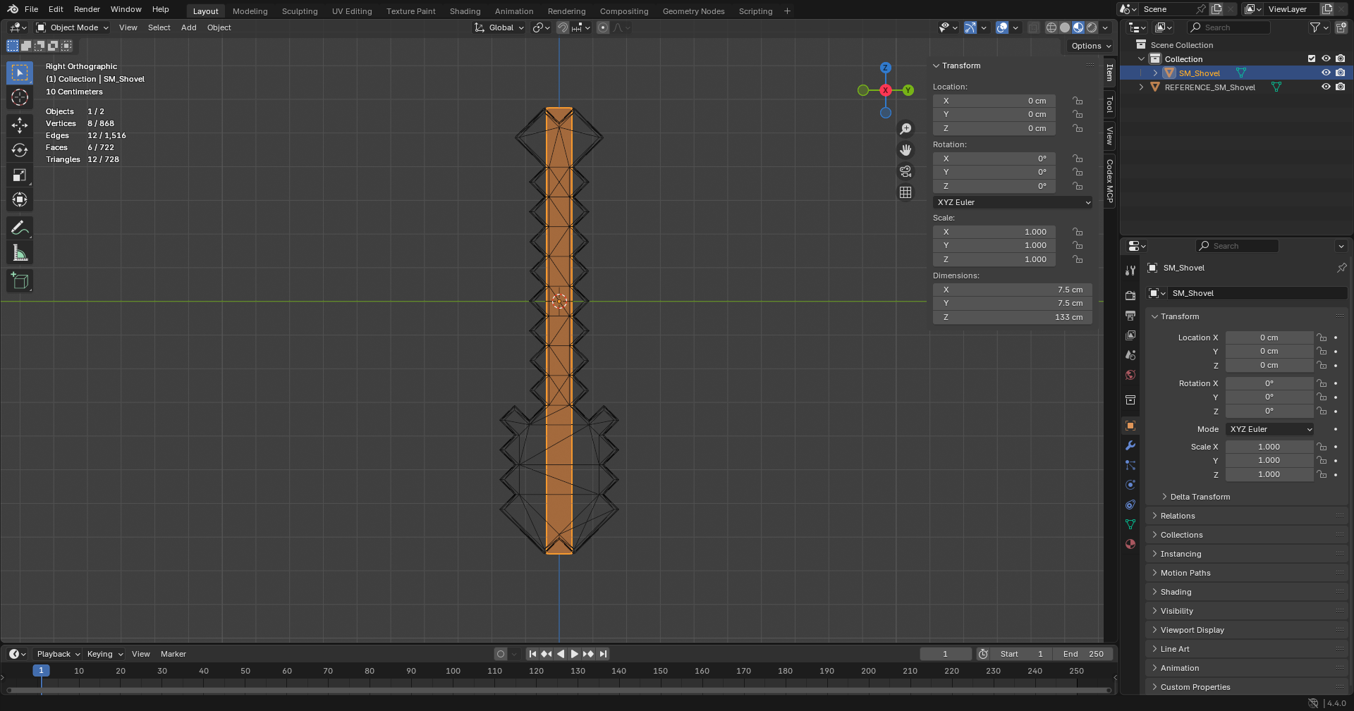 The new orange stick aligned over the wireframe of the original Shovel in Blender