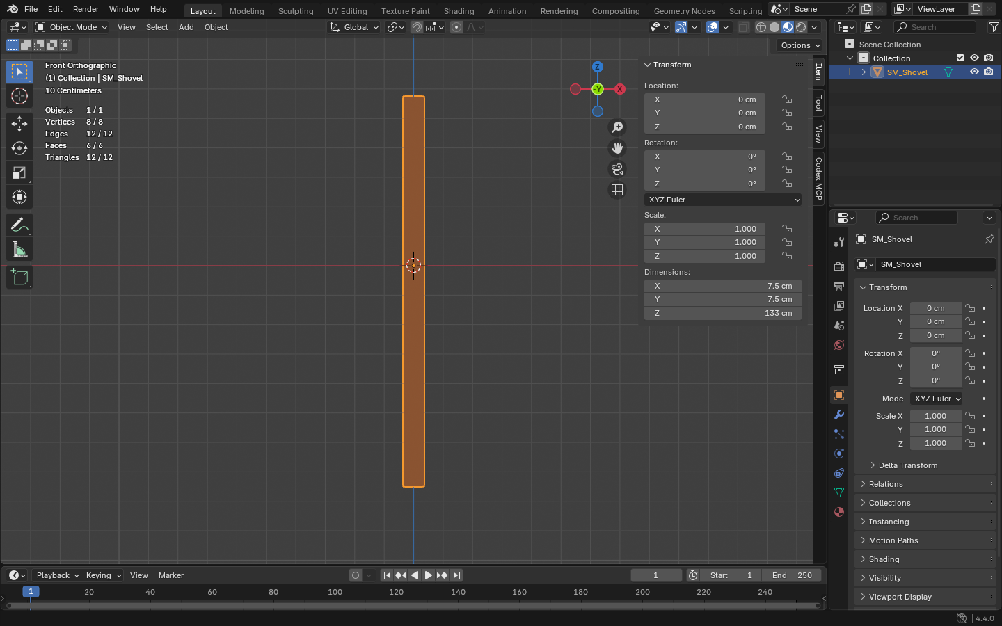 Blender workspace showing the finished stick selected and the Item transform panel