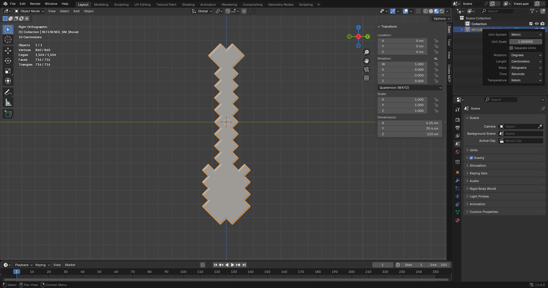 Blender Scene Properties showing Metric units, unit scale 1 and centimetres