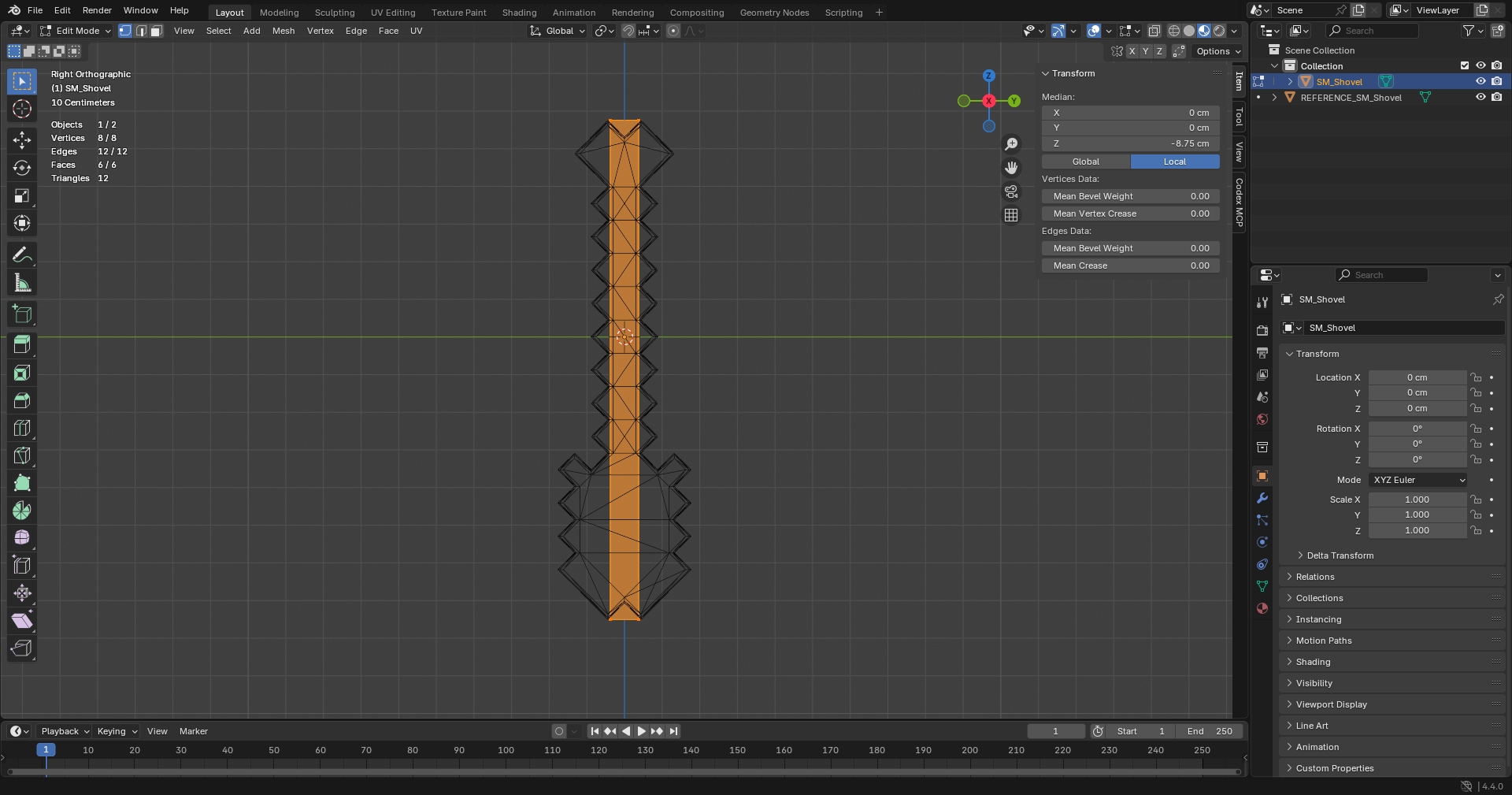 Blender in Edit Mode with the stick selected over the original Shovel wireframe