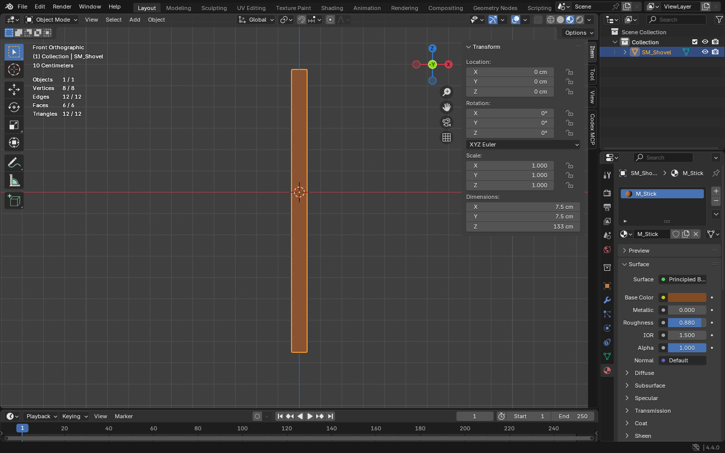 Blender Material Properties showing the M_Stick brown material