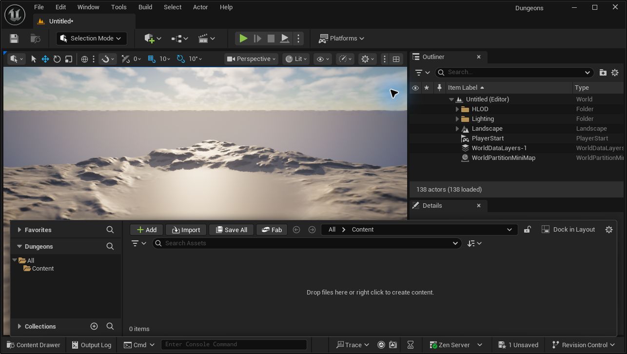 Unreal Engine Content Drawer open across the bottom of the editor
