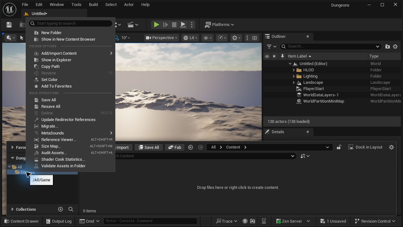 Unreal Engine folder menu with New Folder at the top