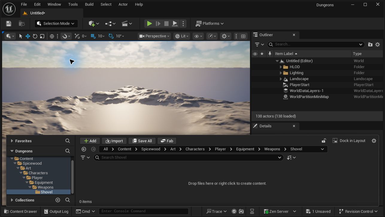 Unreal Engine Content Drawer showing the complete nested Shovel folder path