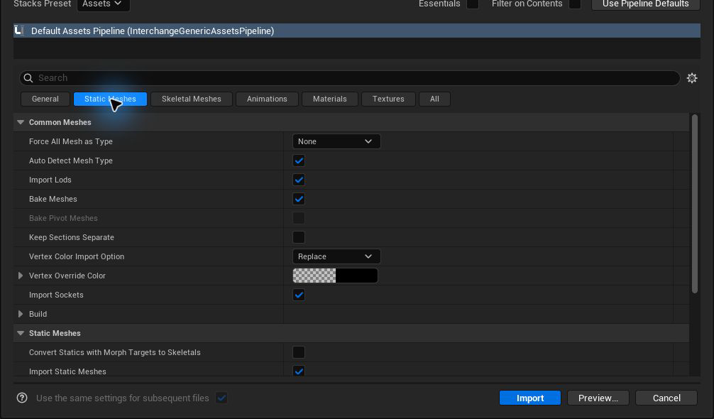 Unreal Engine 5.6 Static Meshes import tab with Import Static Meshes enabled
