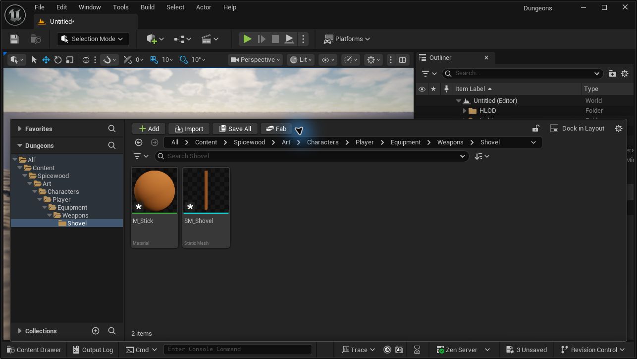 Unreal Engine Content Drawer showing M_Stick and SM_Shovel after import