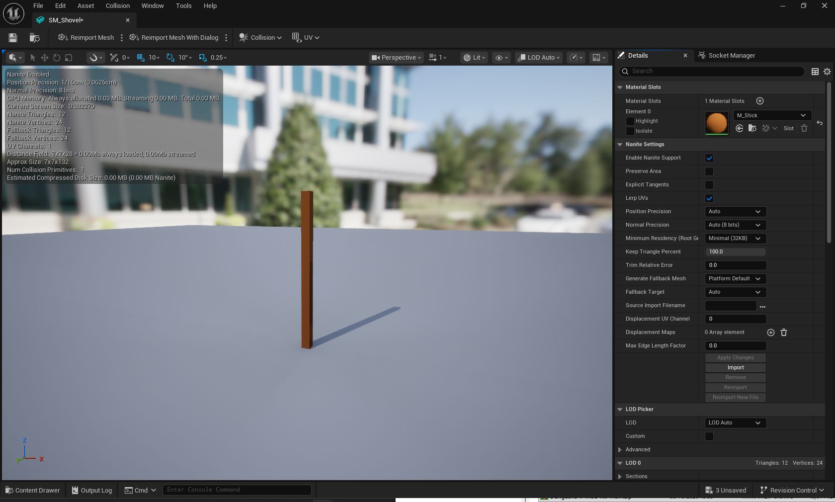 Unreal Engine Static Mesh Editor showing the brown stick and M_Stick in Material Slot 0