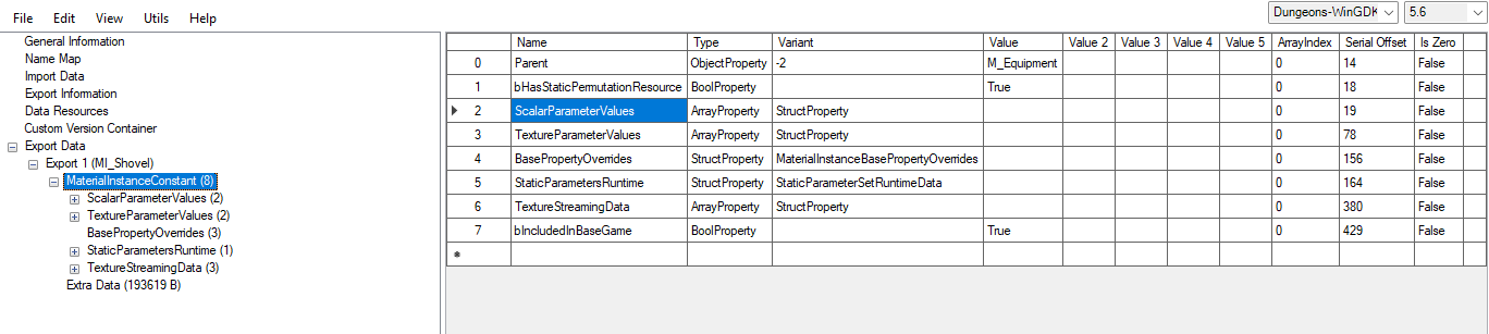 UAssetGUI showing the MI_Shovel material export and ScalarParameterValues in the left tree