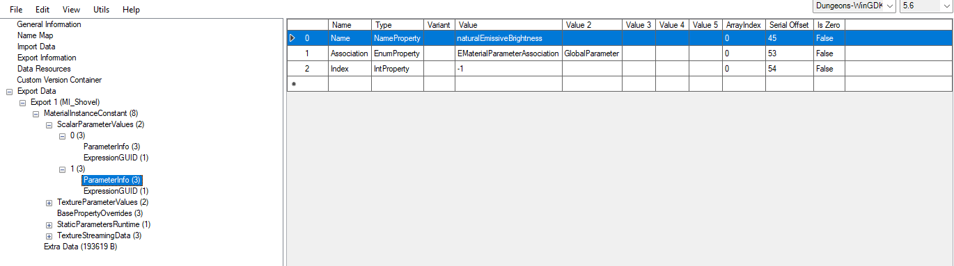 UAssetGUI showing naturalEmissiveBrightness in the ParameterInfo Name field