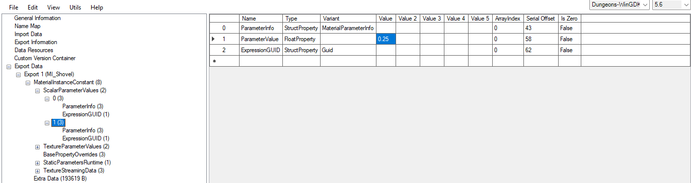 UAssetGUI showing the ParameterValue row with its current value of 0.25