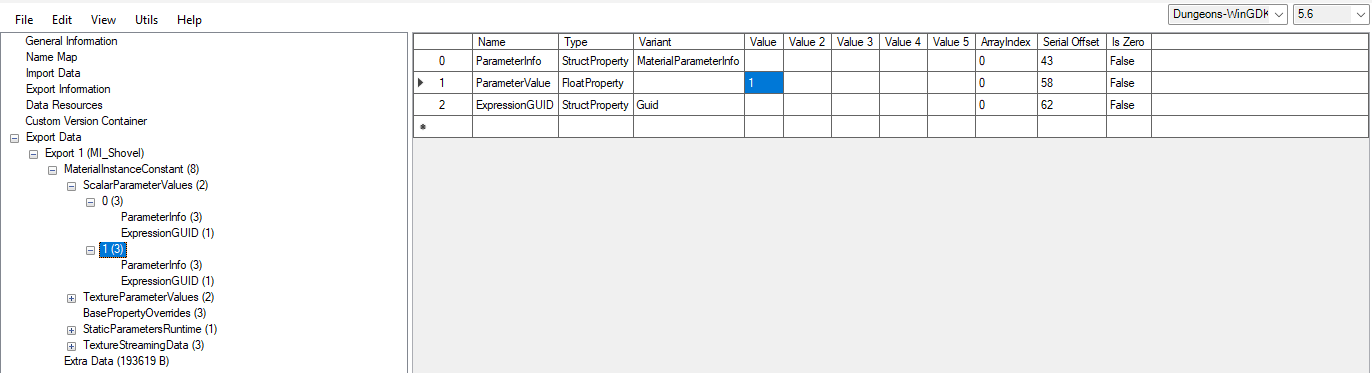 UAssetGUI showing the changed ParameterValue as 1