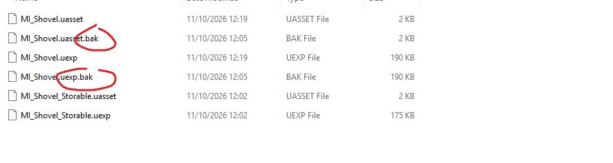 Windows Explorer showing the edited MI_Shovel files and the two UAssetGUI backup files
